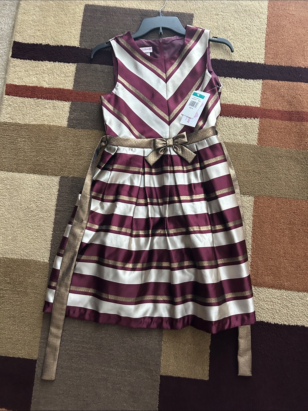 NEW WITH TAGS Bonnie Jean Burgundy, Ivory and Gold Striped Formal Dress